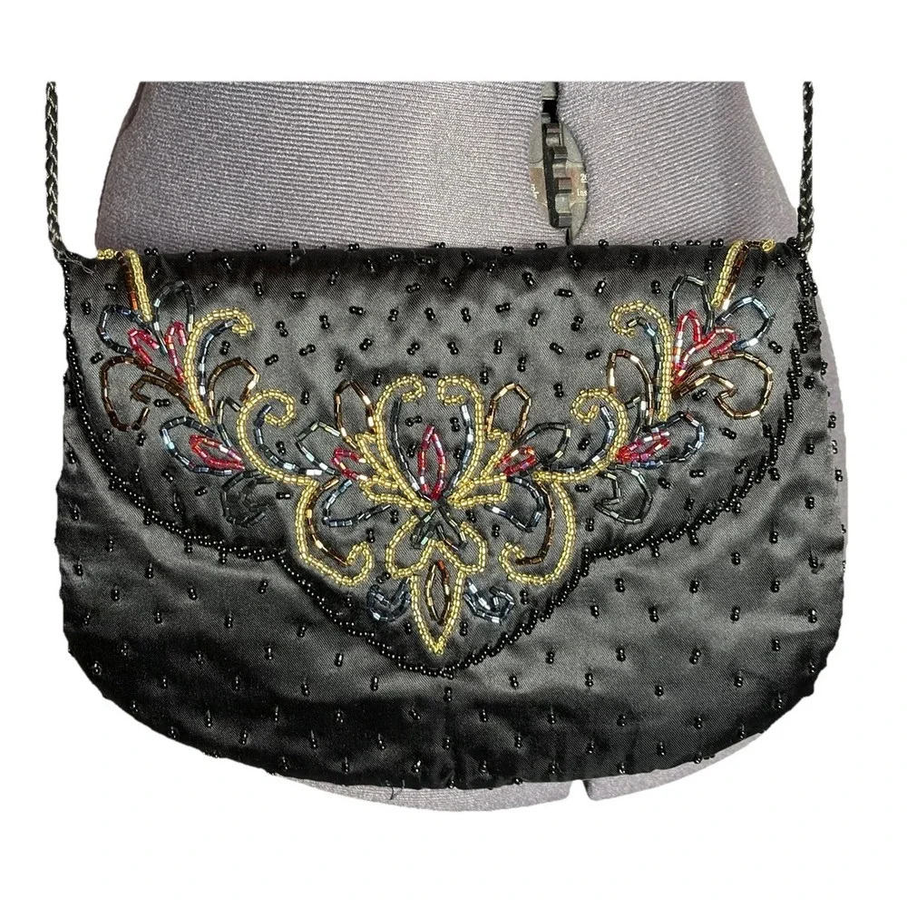 Vtg Y2K Beaded Satin Evening Bag Black Floral‎ Woven Strap Prom cocktail